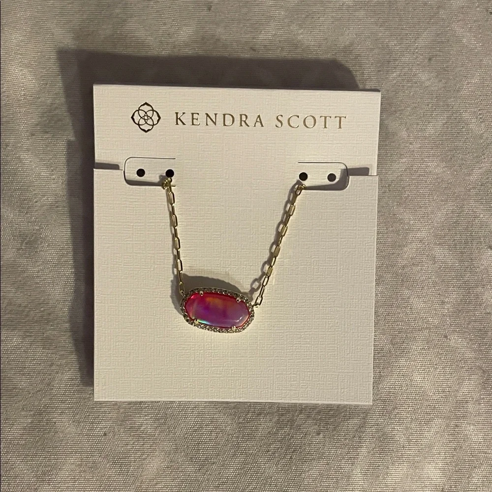 kendra scott elisa pave frame pink opalescent resin gold short pendant necklace - Picture 2 of 3